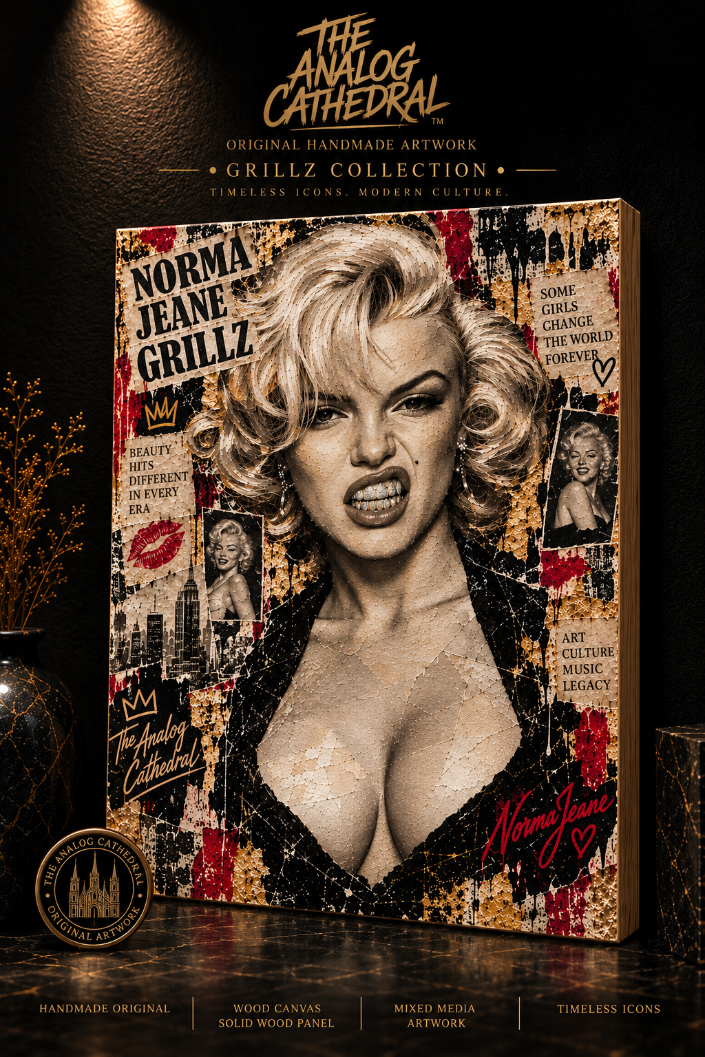 Norma Jeane Grillz  Original Handmade 1/1 Mixed Media Art on Solid Wood Canvas | The Grillz Collection